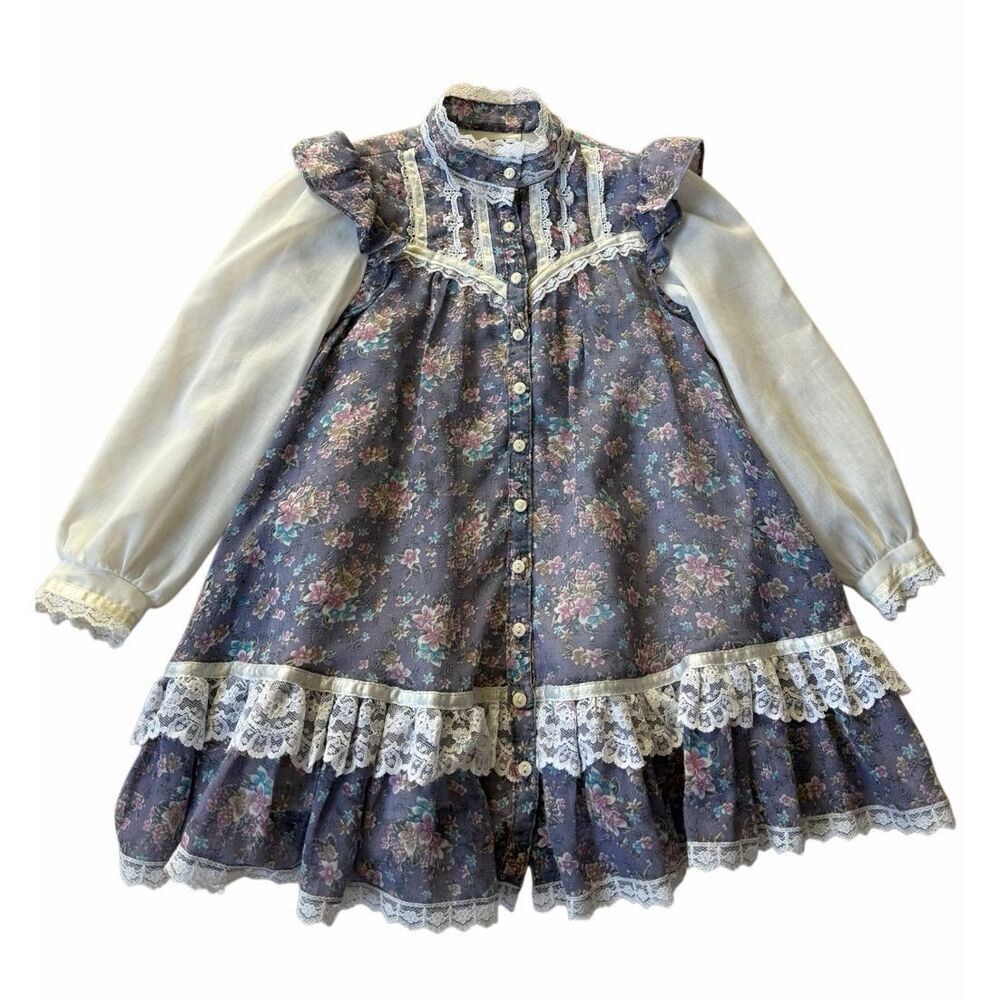 Gunne Sax VTG Girl’s Dress Long Sleeve Lace Floral Ditsy Cottage Purple White Si